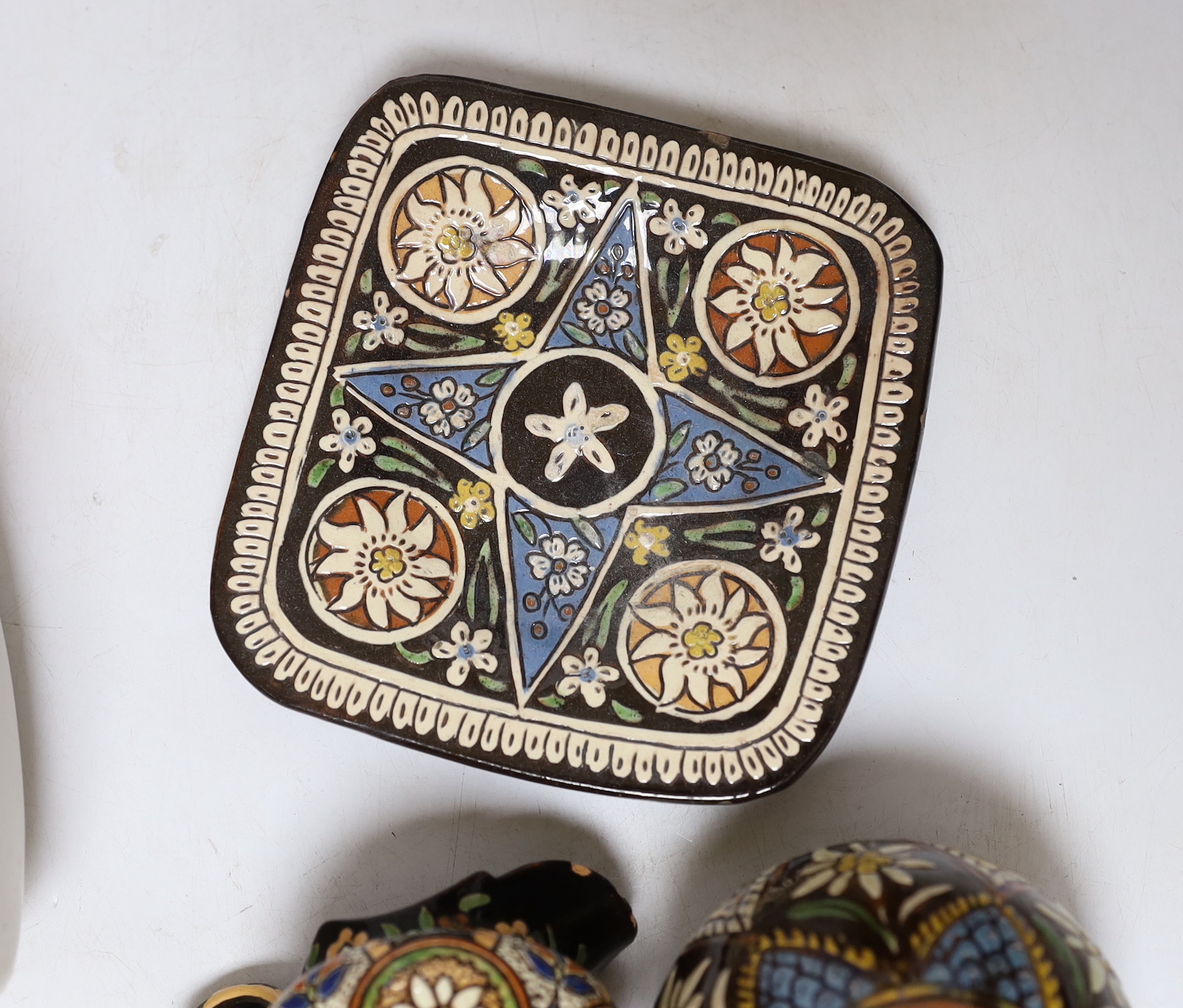 Three Thoune glazed earthenware items comprising dish, jug and vase, two signed to the base, the largest 12cm wide, Two Doulton stoneware jugs and a Long John whisky ewer, largest 17cm high